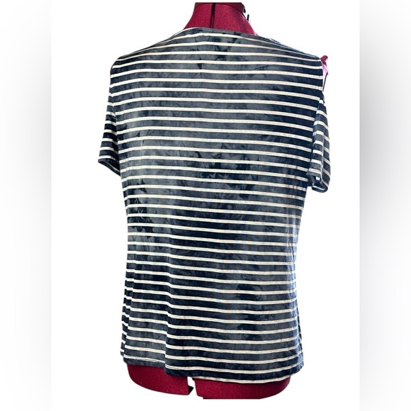 Laura Petite stretch indigo striped top, shoulder cut outs, bound neck line - Picture 4 of 7